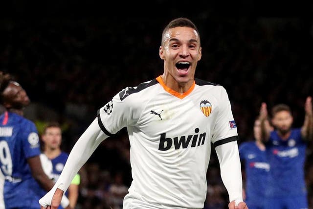 Valencia's Rodrigo Moreno celebrates scoring