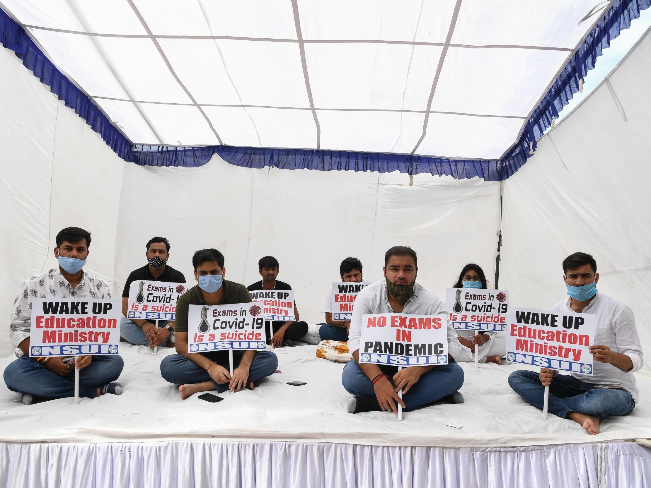 National Students Union of India take part in a demonstration in New Delhi demanding the government postpone JEE and NEET, two of India's most competitive entrance exams