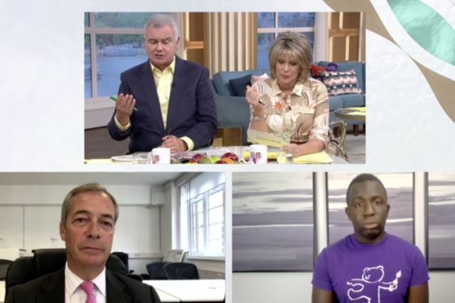 Eamonn Holmes, Femi Oluwole and Nigel Farage on today's episode of 'This Morning'
