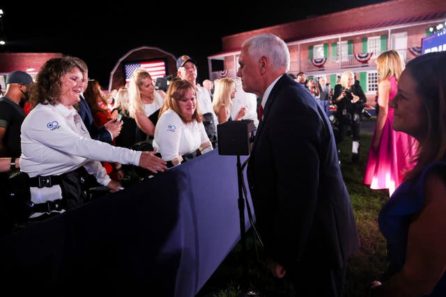 Mike Pence greets supporters following his speech at Fort McHenry in Maryland during the Republican National Convention
