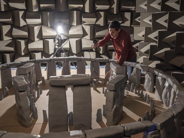 Professor Trevor Cox, who led the research, placing an ultrasonic test loudspeaker in the Stonehenge model