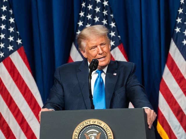 US President Donald Trump speaks on the first day of the Republican National Convention at the Charlotte Convention Centre on 24 August 2020 in Charlotte, North Carolina.