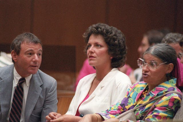 Cathy Smith and attorney Howard Weitzman pictured in court in 1986