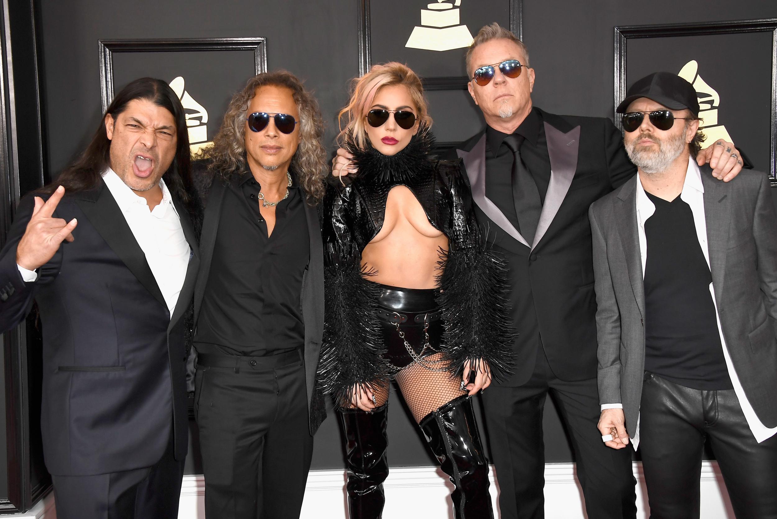L-R: Robert Trujillo, Kirk Hammett, Lady Gaga, James Hetfield and Lars Ulrich at the 59th Grammy Awards, 2017