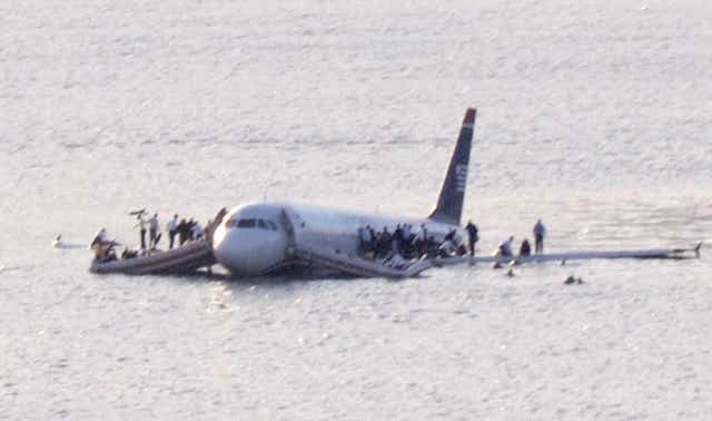 US Airways Flight 1549 after it ditched into the Hudson River on 15 January, 2009, following a bird strike.
