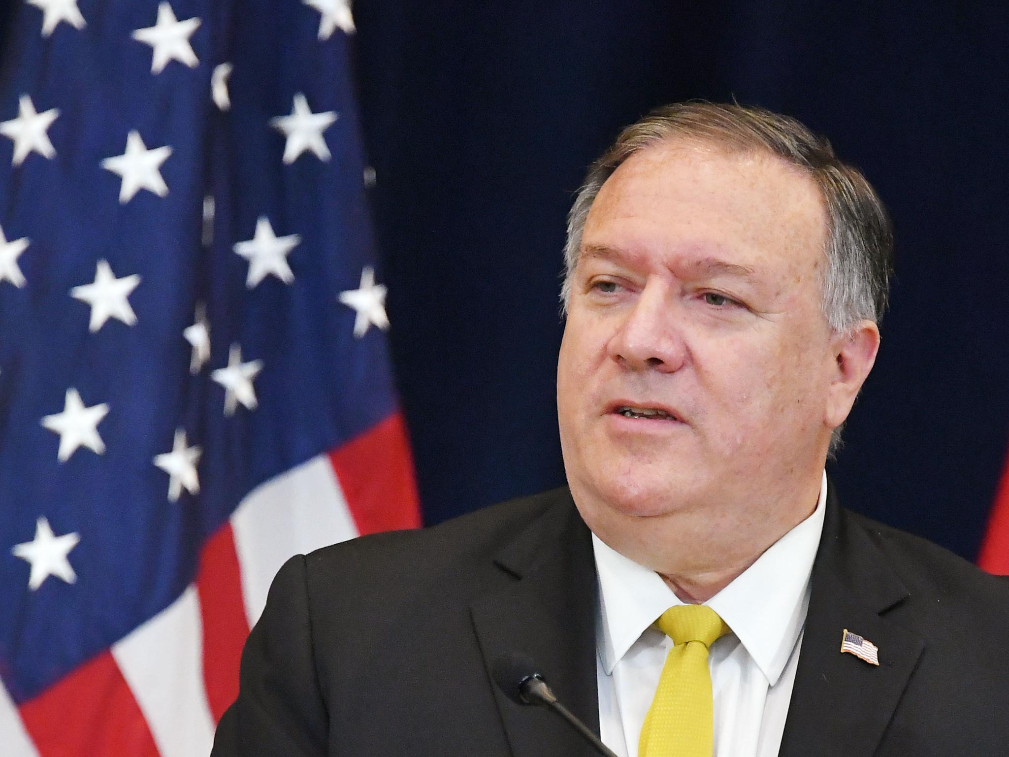US secretary of state Michael Pompeo speaks during a press conference with Iraq's Foreign Minister Fuad Hussein at the State Department in Washington, DC on 19 August 2020