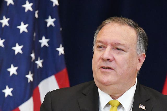 US secretary of state Michael Pompeo speaks during a press conference with Iraq's Foreign Minister Fuad Hussein at the State Department in Washington, DC on 19 August 2020
