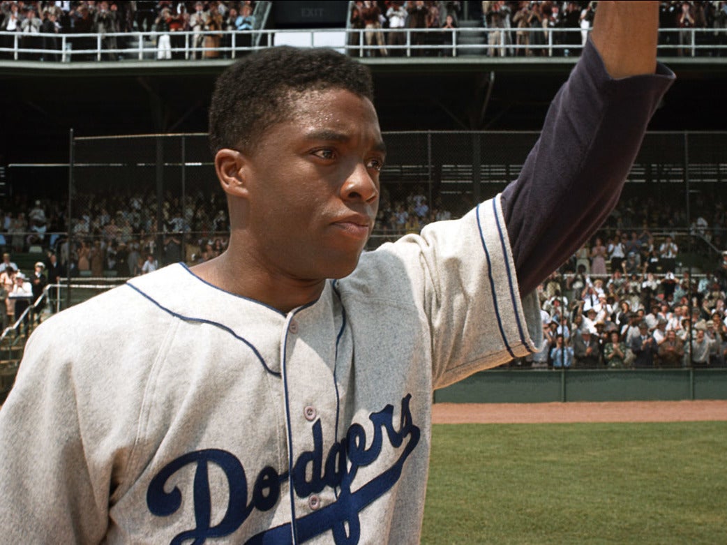 Chadwick Boseman as baseball player Jackie Robinson in sports film ‘42’