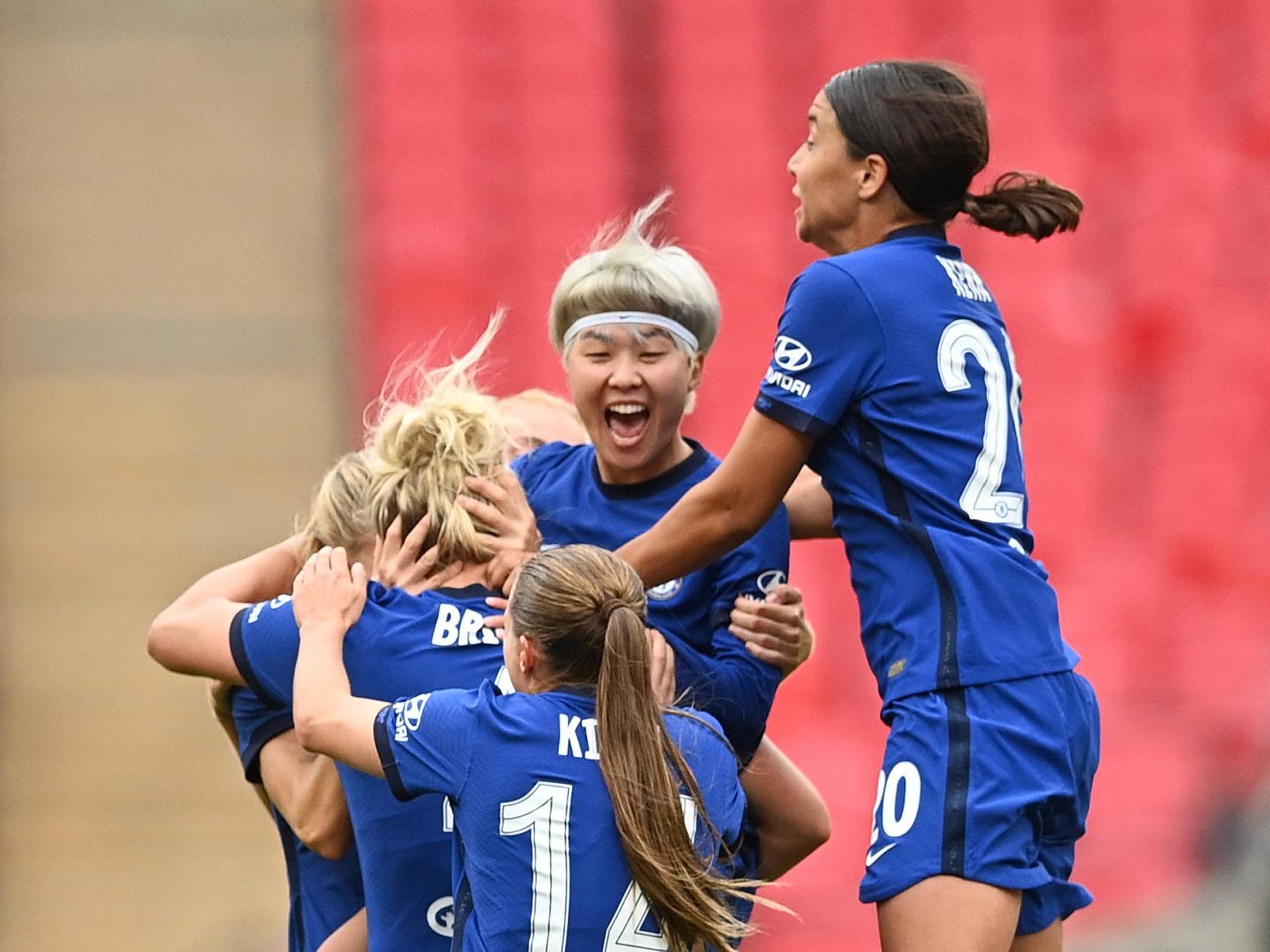 Chelsea players celebrate Millie Bright’s goal in the Community Shield