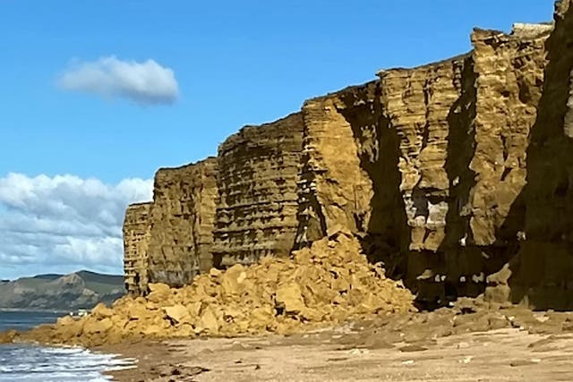 Cliff fall at Hive Beach by Burton Bradstock on Dorset's Jurassic Coast