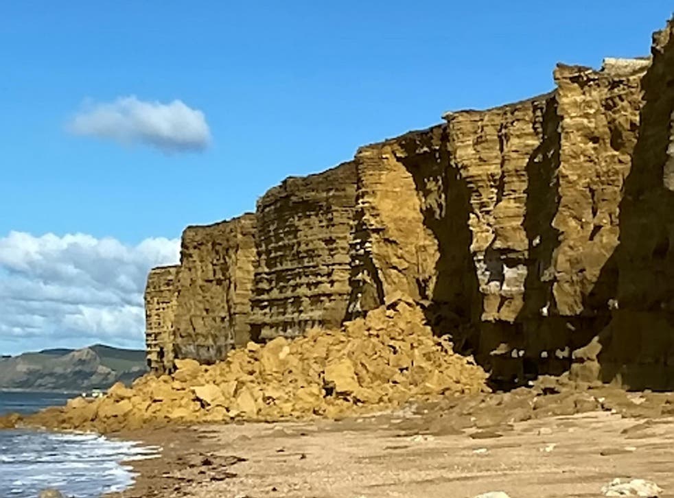 Cliff fall at Hive Beach by Burton Bradstock on Dorset's Jurassic Coast