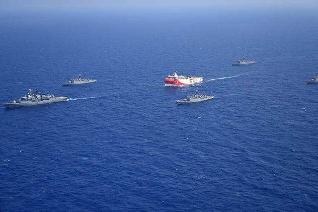 Turkish seismic research vessel 'Oruc Reis' as it is escorted by Turkish Naval ships in the Mediterranean Sea