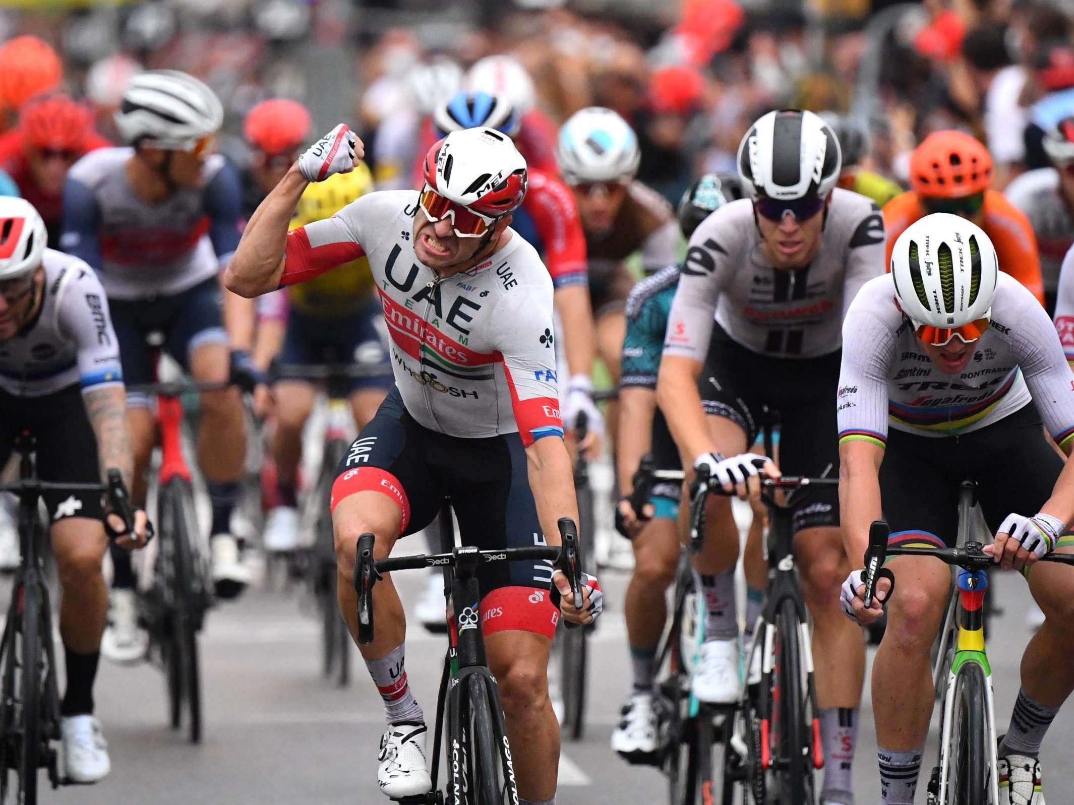 Alexander Kristoff punches the air in celebration after winning stage one of the Tour de France