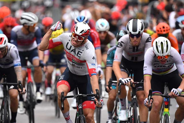 Alexander Kristoff punches the air in celebration after winning stage one of the Tour de France