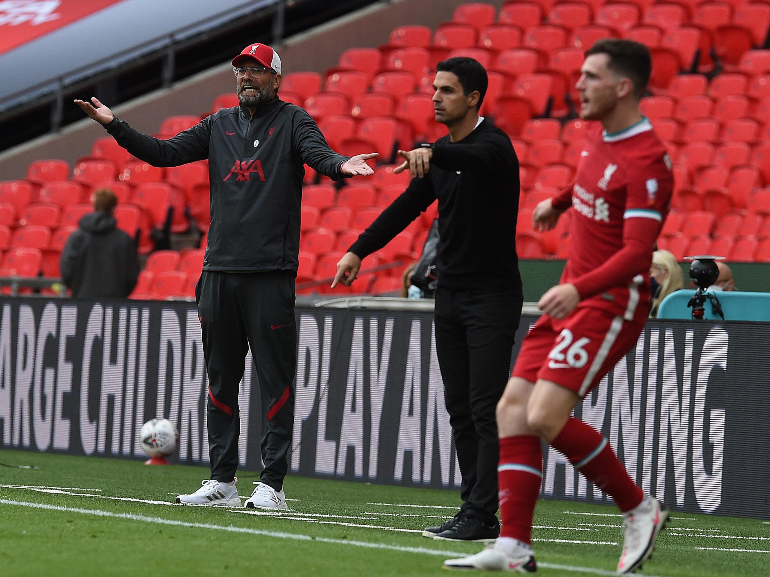 Jurgen Klopp looks on in exasperation as his Liverpool side trail Arsenal at Wembley