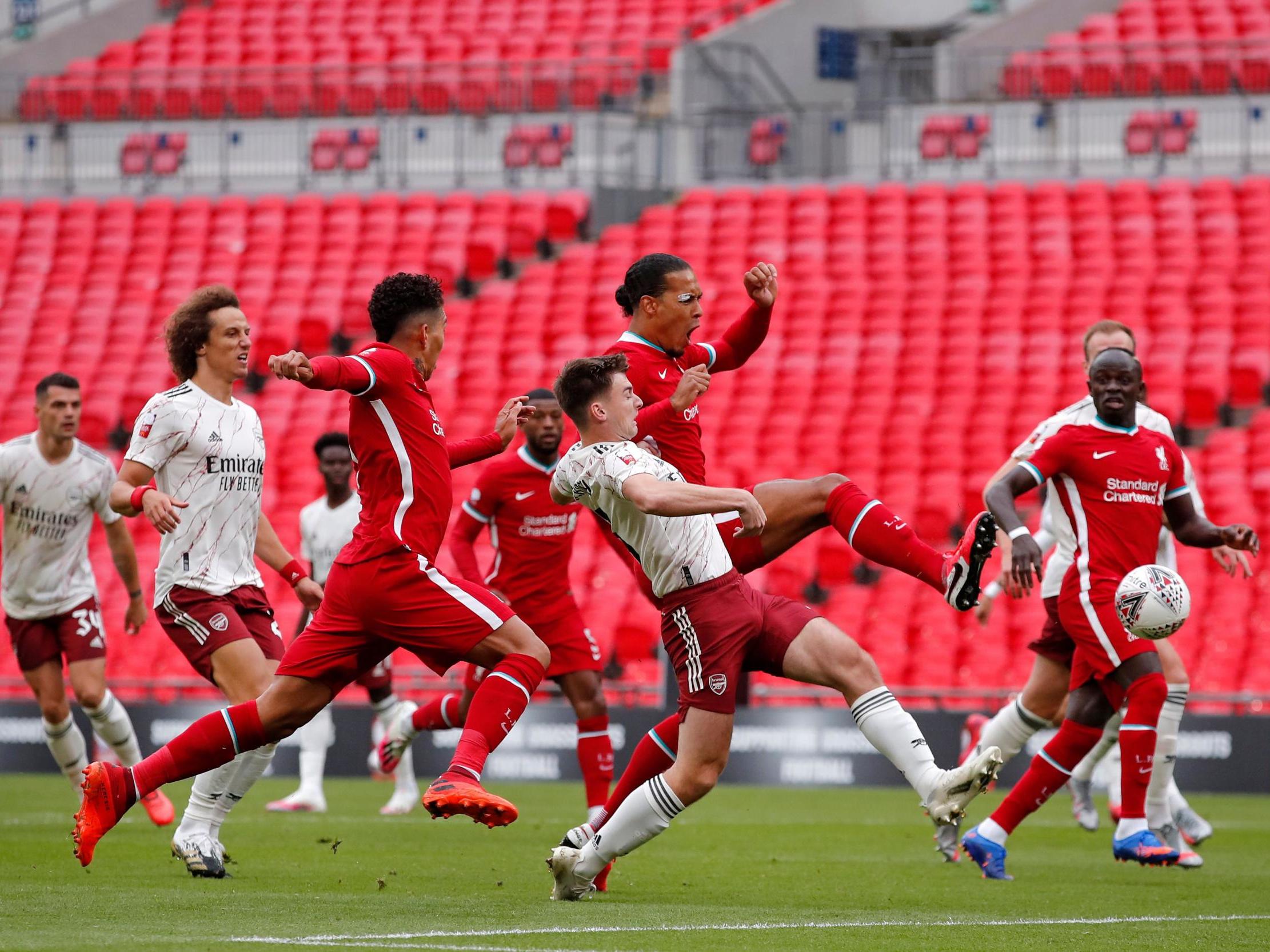 Virgil van Dijk was offside as he finished from Andy Robertson’s free-kick