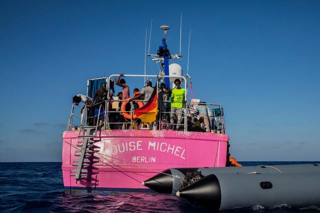 The ‘Louise Michel’ with people rescued on board in the Mediterranean Sea on Saturday 