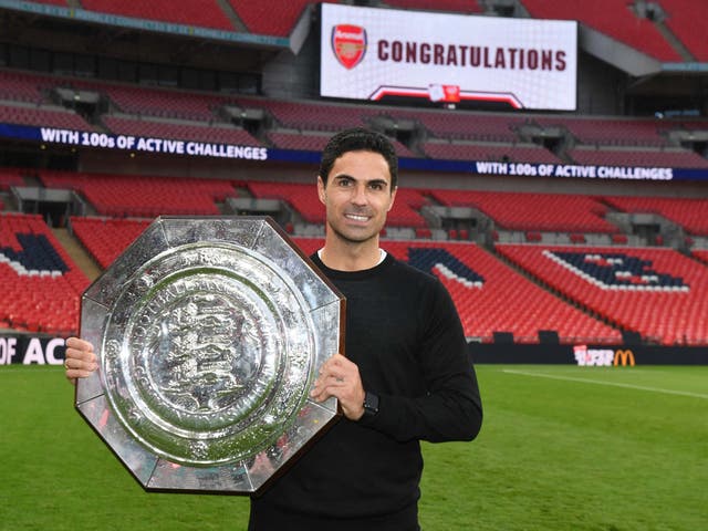 Mikel Arteta celebrates winning the Community Shield with Arsenal