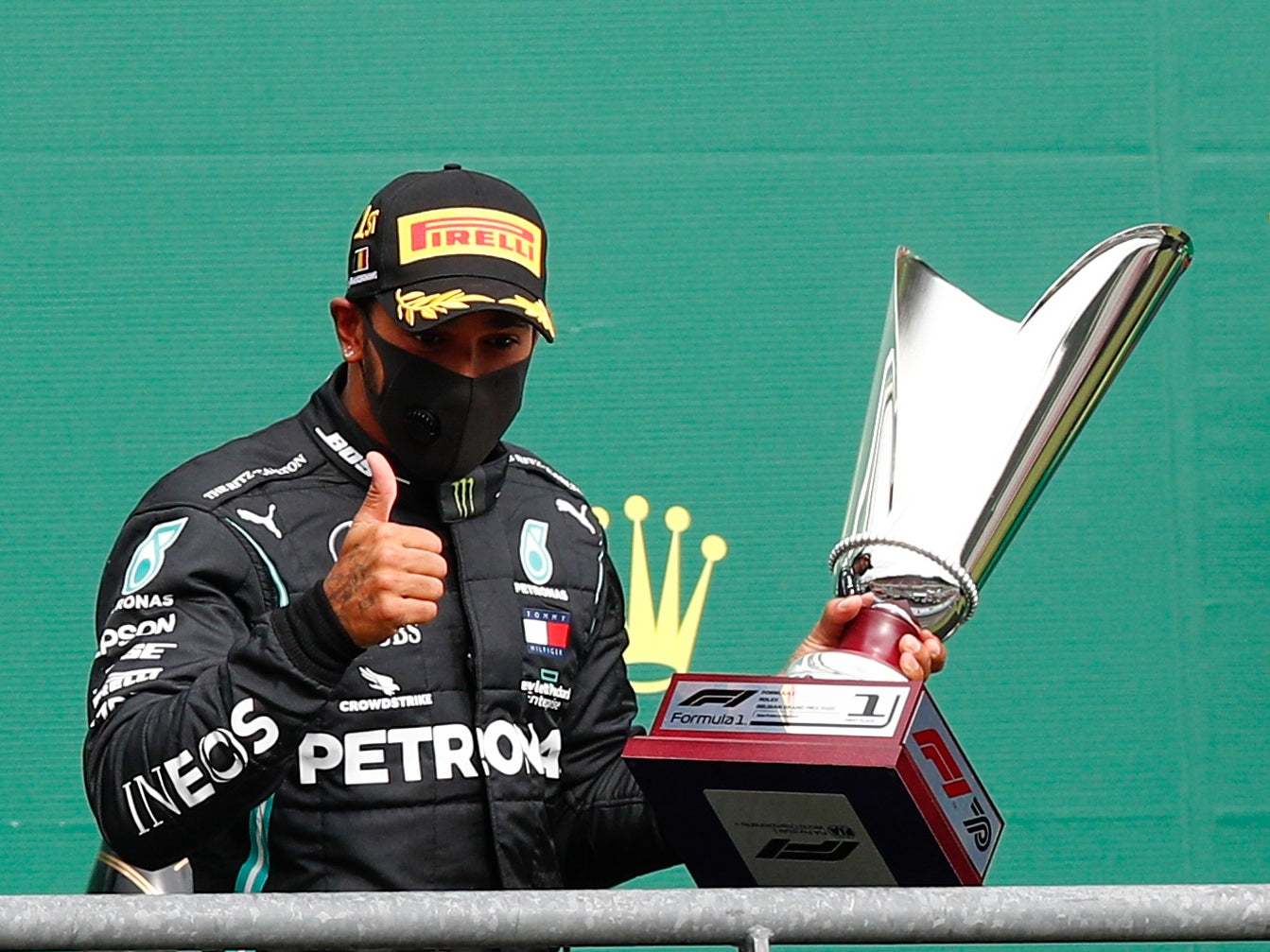 Lewis Hamilton celebrates winning the Belgian Grand Prix