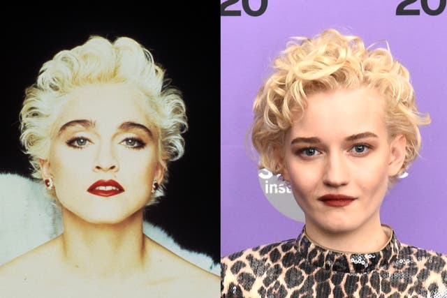 Madonna in 1987, and Julia Garner at the Sundance Film Festival in January