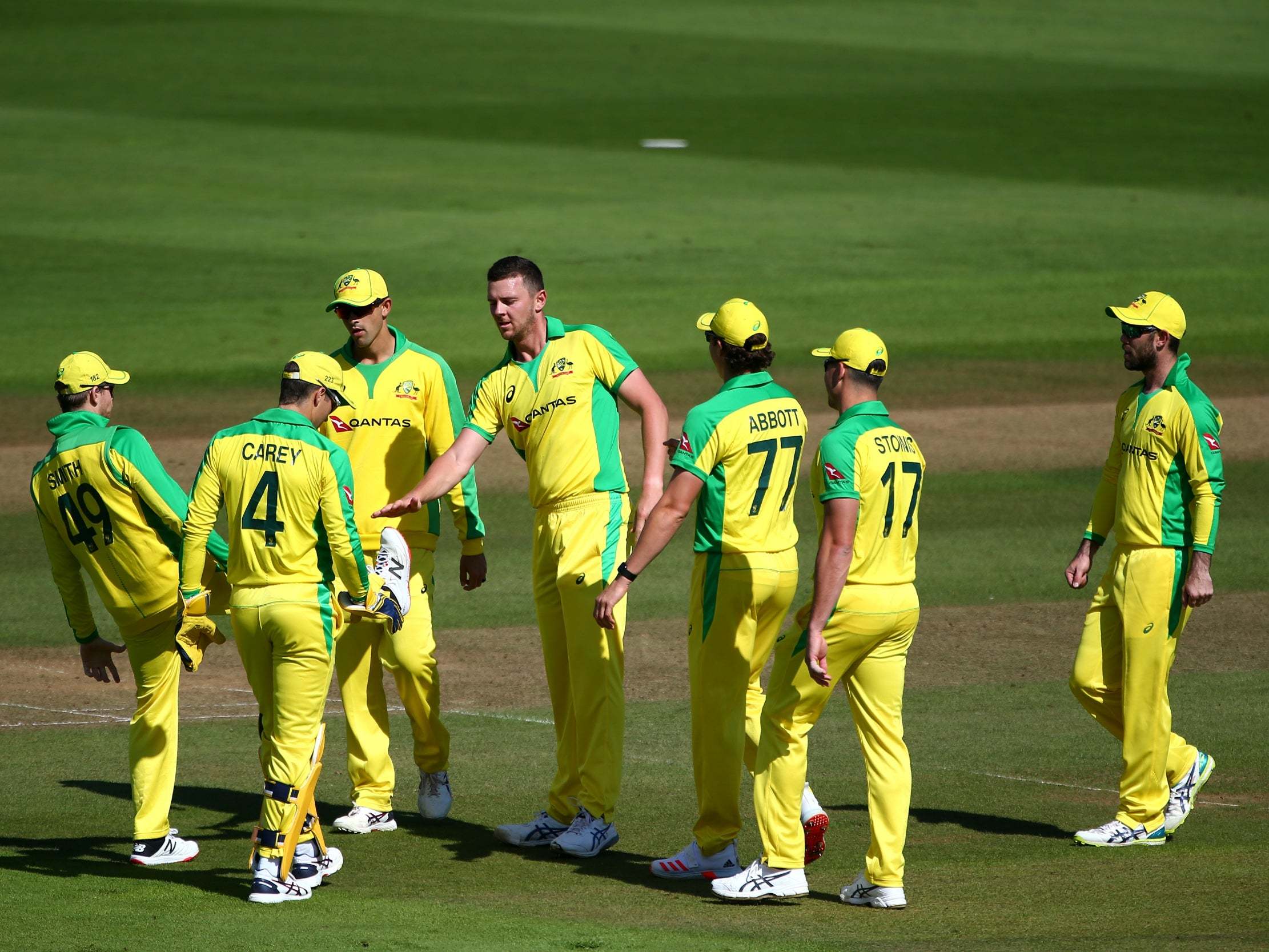 Josh Hazlewood takes part in Australia’s warm-up game at the Ageas Bowl