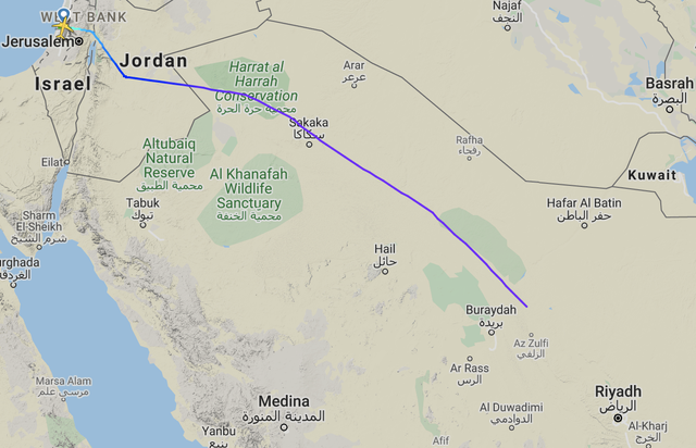 Making history: the flight path of the first El Al jet to fly over Saudi Arabia to the UAE