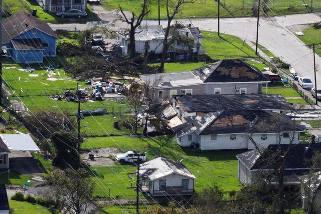 An aerial view shows debris and houses damaged by Hurricane Laura near Lake Charles, Louisiana