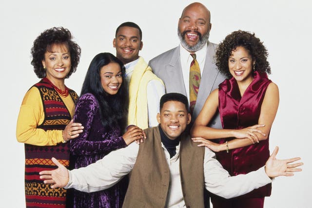Daphne Reid, Tatyana Ali, Alfonso Ribeiro, James Avery, Karyn Parsons, Will Smith in a promotional image for 'The Fresh Prince of Bel-Air'.