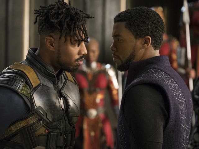 Erik Killmonger (Michael B Jordan) and T'Challa (Chadwick Boseman) square up in 'Black Panther