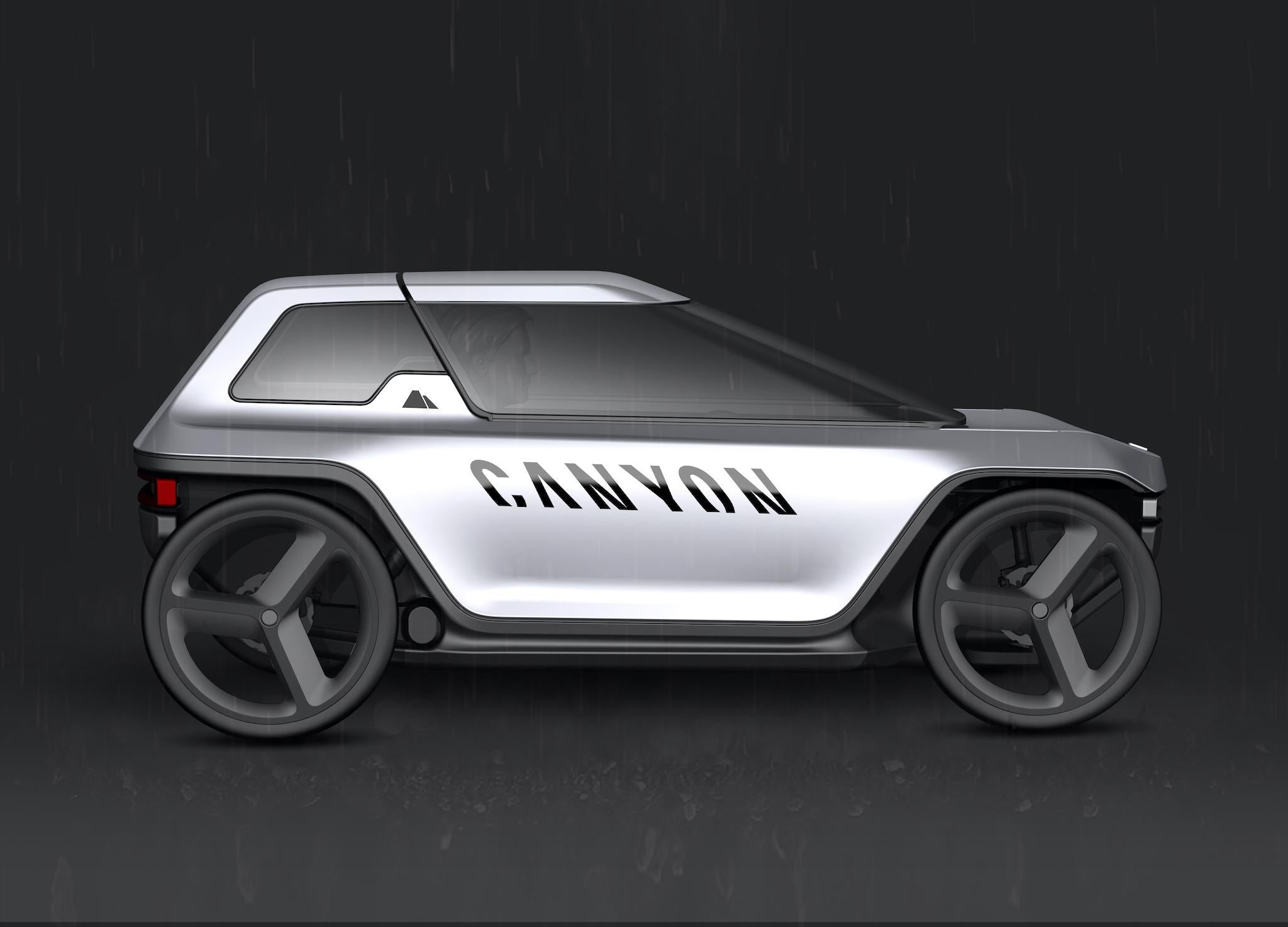 Canyon's concept vehicle's roof can keep the rain out – but also open up like a convertible in warm weather, as well as serving as the door