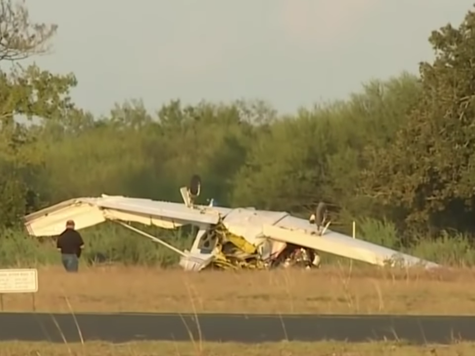 The wreckage of the plane crash at Coulter Field Airport in Bryan, Texas