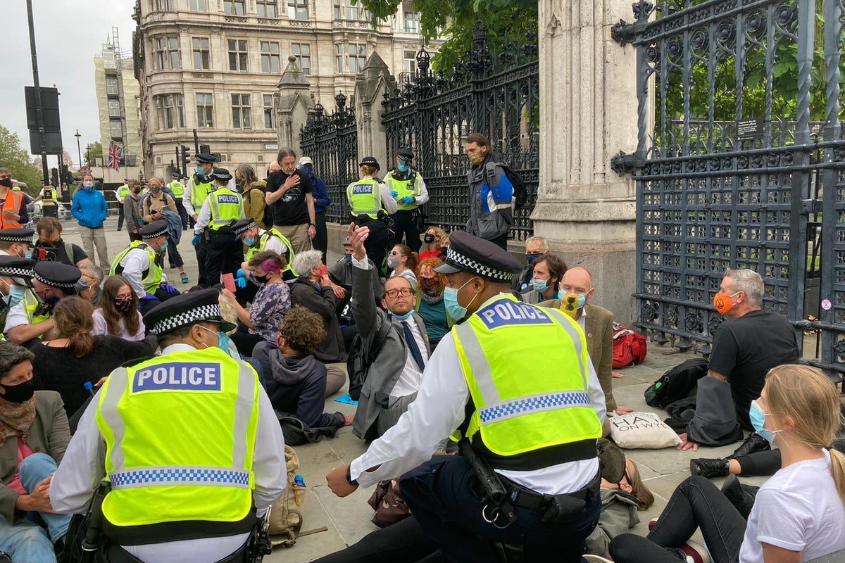 Extinction Rebellion activists glue themselves to ground outside parliament