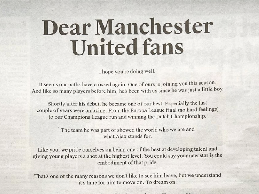Edwin van der Sar wrote a letter to Manchester United fans after Donny van de Beek's move from Ajax