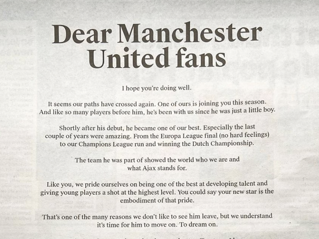 Edwin van der Sar wrote a letter to Manchester United fans after Donny van de Beek's move from Ajax