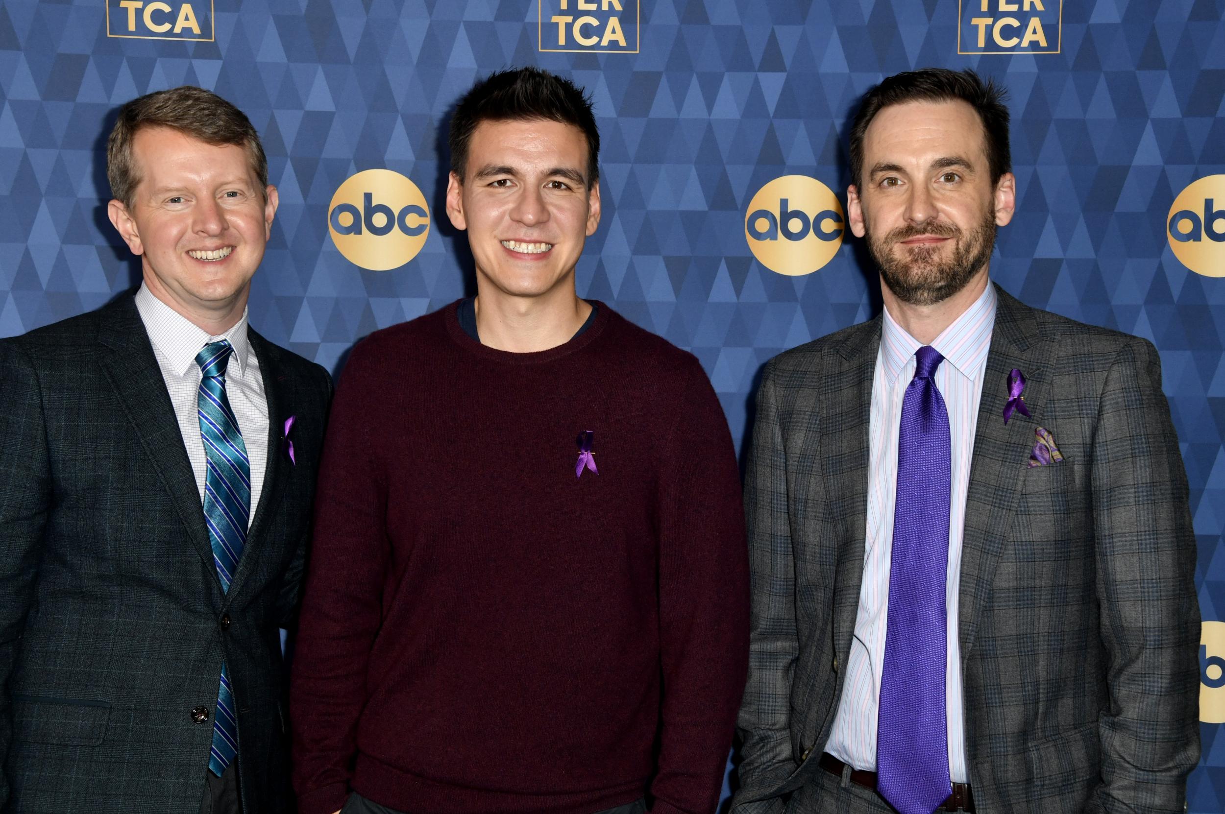 Ken Jennings, James Holzhauer, and Brad Rutter on a press tour on 8 January 2020 in Pasadena, California.