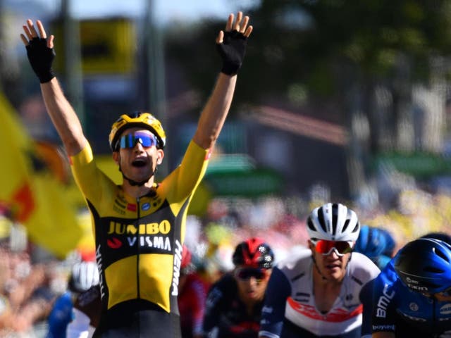 Wout van Aert celebrates winning the seventh stage of the Tour de France