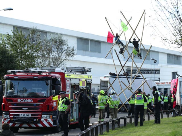 Police and fire services at the protest outside Newsprinters printing works in Broxbourne, Hertfordshire.