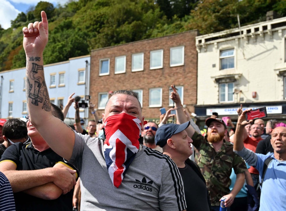 Anti-immigration protesters blocking a main road in Dover, kent.