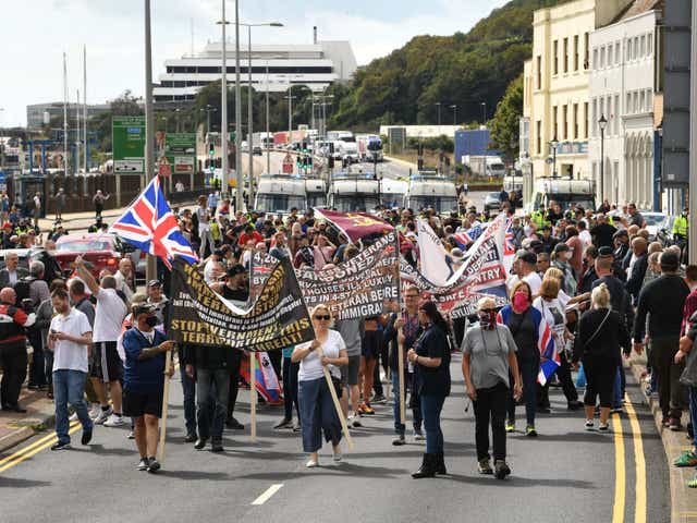 Anti-immigration protesters block the dual carriageway in Dover, Kent.