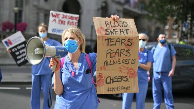 Protesters outside BBC Broadcasting House in central London, as marches and rallies form across the country calling for a 15% pay rise for NHS workers and an increase in NHS funding