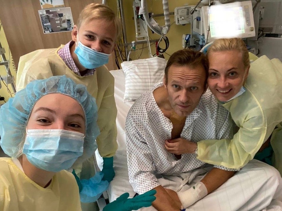 Alexei Navalny with his family in a Berlin hospital last September while being treated for novichok poisoning