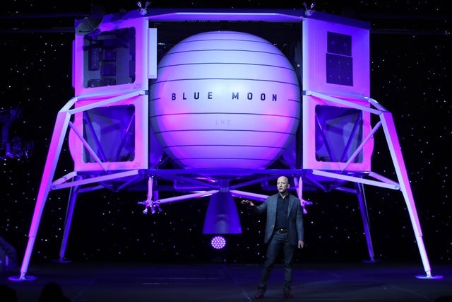 Jeff Bezos introducing a mock-up of Blue Origin’s lunar landing module called Blue Moon in Washington in 2019