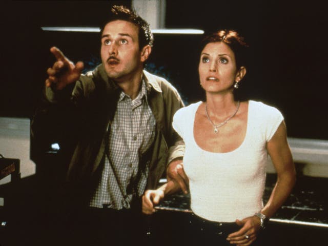 <p>Arquette and his former wife Courteney Cox in ‘Scream 2’ (19</p>