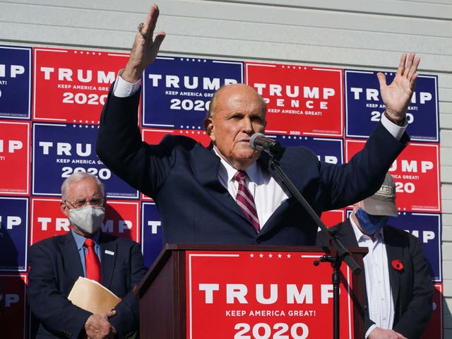 <p>Rudy Giuliani at the Four Seasons Total Landscaping press call on Saturday </p>