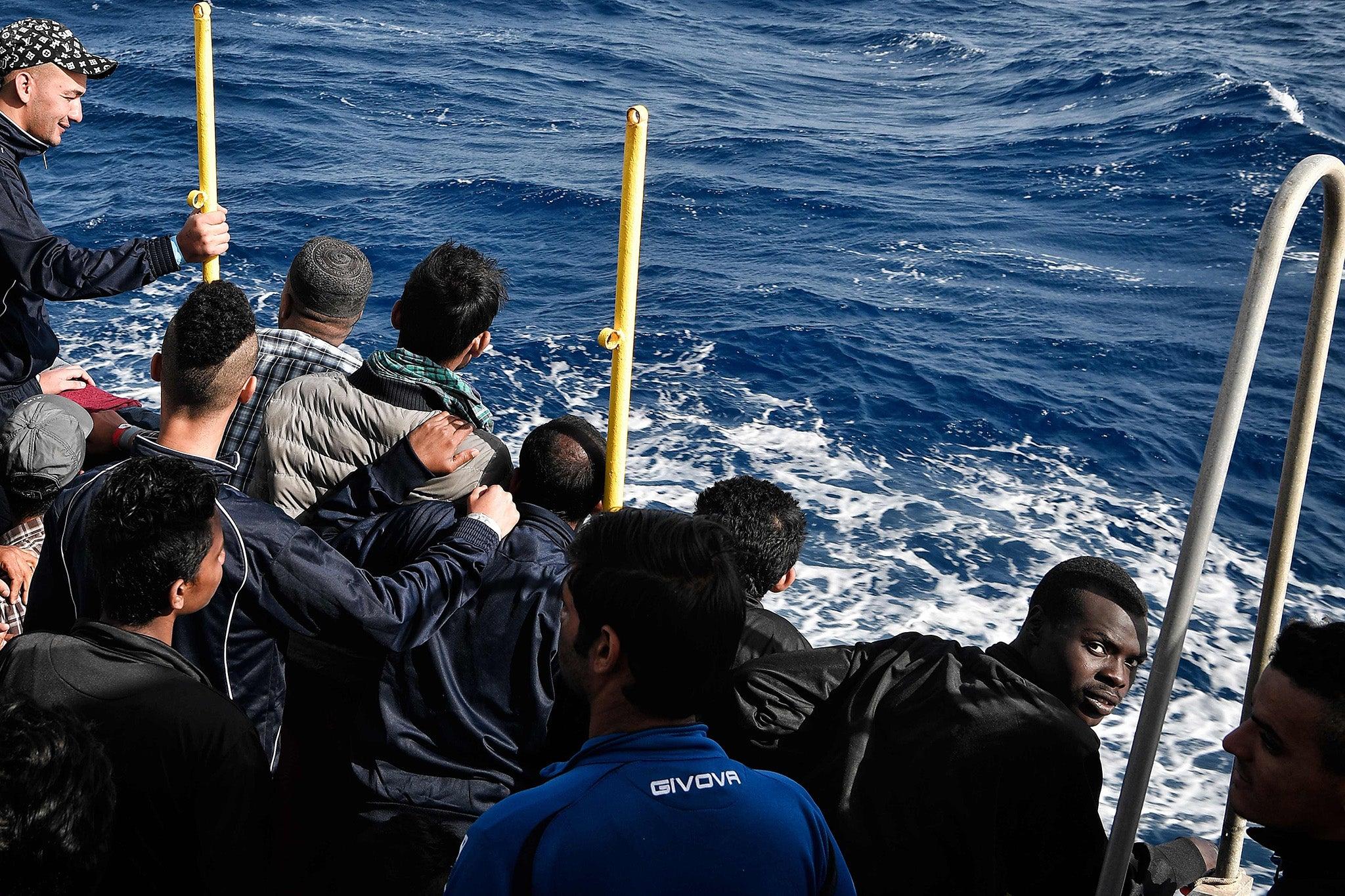 Migrants aboard the rescue vessel MV Aquarius off the coast of Libya in 2018, where they were stranded for two days while Italy and the UK argued over their fate