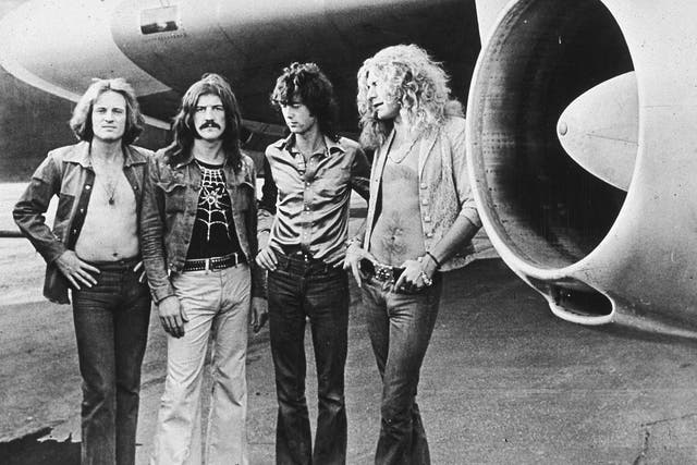 <p>John Paul Jones, John Bonham, Jimmy Page and Robert Plant in front of their private airliner, The Starship, in 1973</p>
