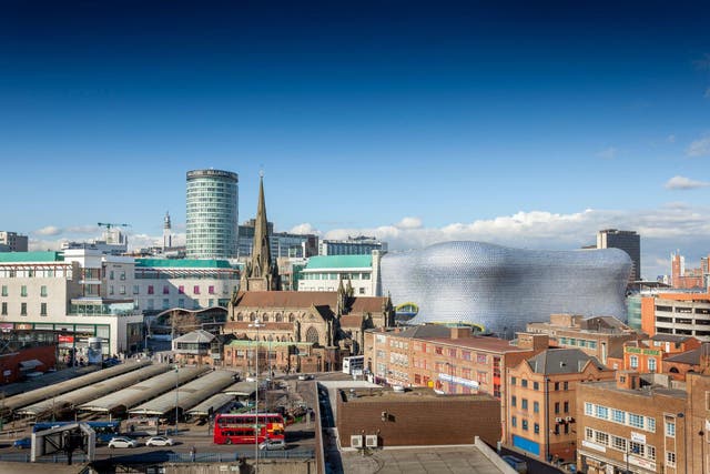 The Birmingham skyline including the church of St Martin and the Bullring shopping centre. EU investment was crucial for reconstruction of the city