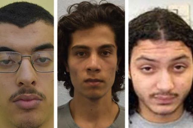 <p>Hashem Abedi, left, Ahmed Hassan, centre, and Muhammed Saeed charged with assault at Belmarsh prison in London</p>