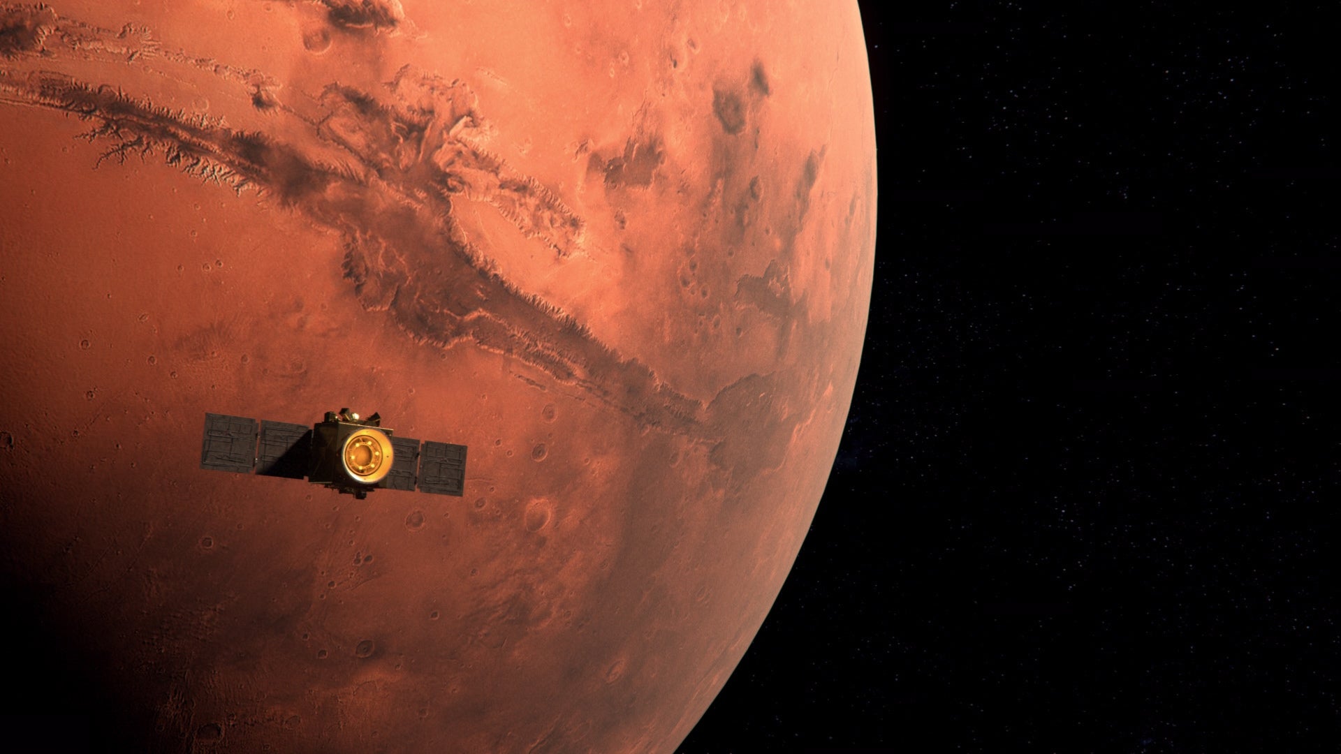 An illustration of the arrival of the Hope Probe to Mars orbit