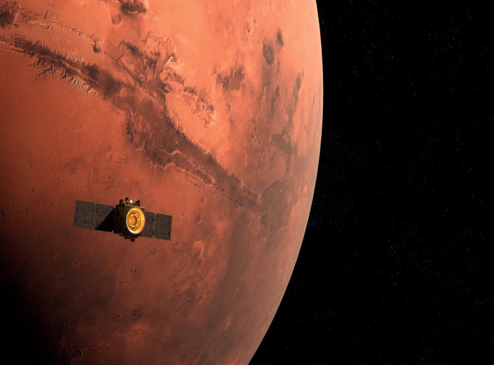 <p>An illustration of the arrival of the Hope Probe to Mars orbit</p>
